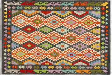 Flat Weave Kilim, Antique, Navaho, Vintage, Handmade, Geometric Kilim Rust Charcoal Hand-Woven Rectangle 100% Wool Area Rug 5 x 6
